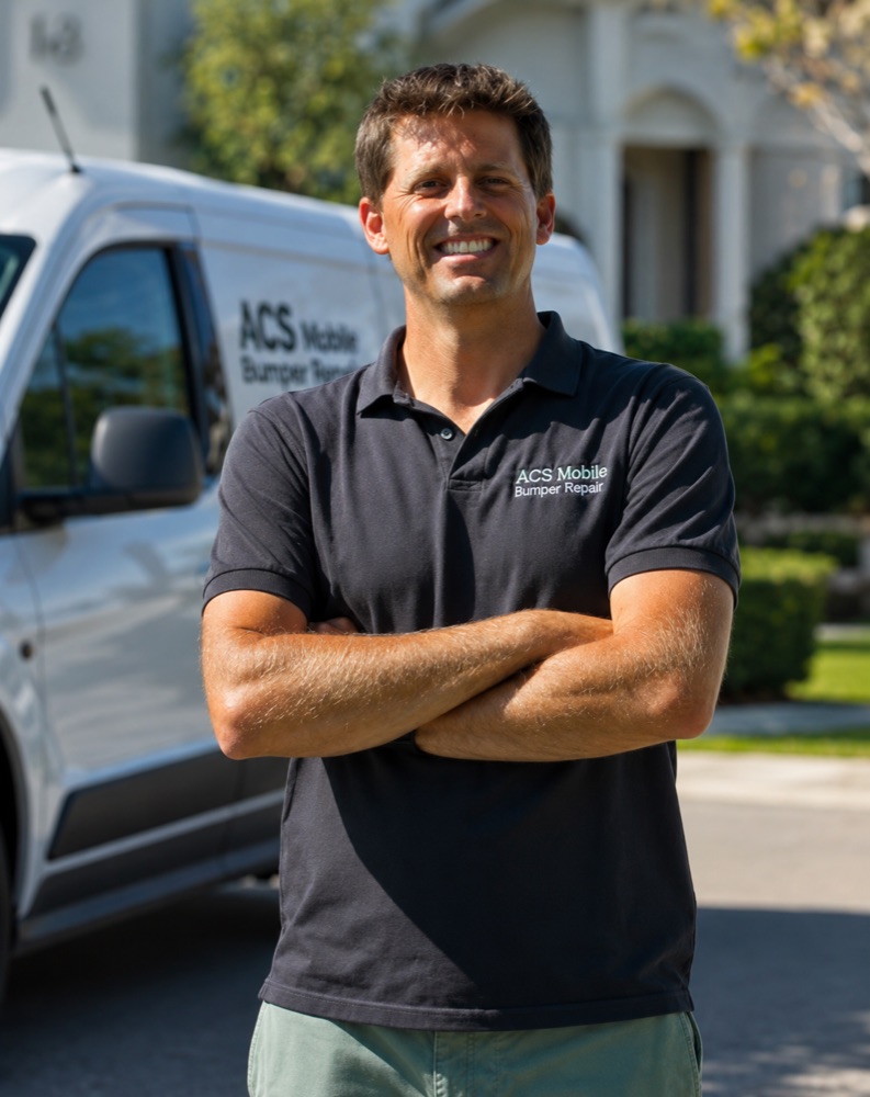 Darren Burt, Owner of Auto Cosmetic Solutions, in front of the ACS Mobile Bumper Repair van in Orange County