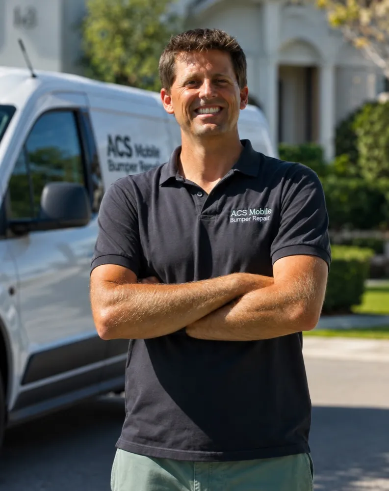 Darren Burt, Owner of Auto Cosmetic Solutions, in front of the ACS Mobile Bumper Repair van in Orange County