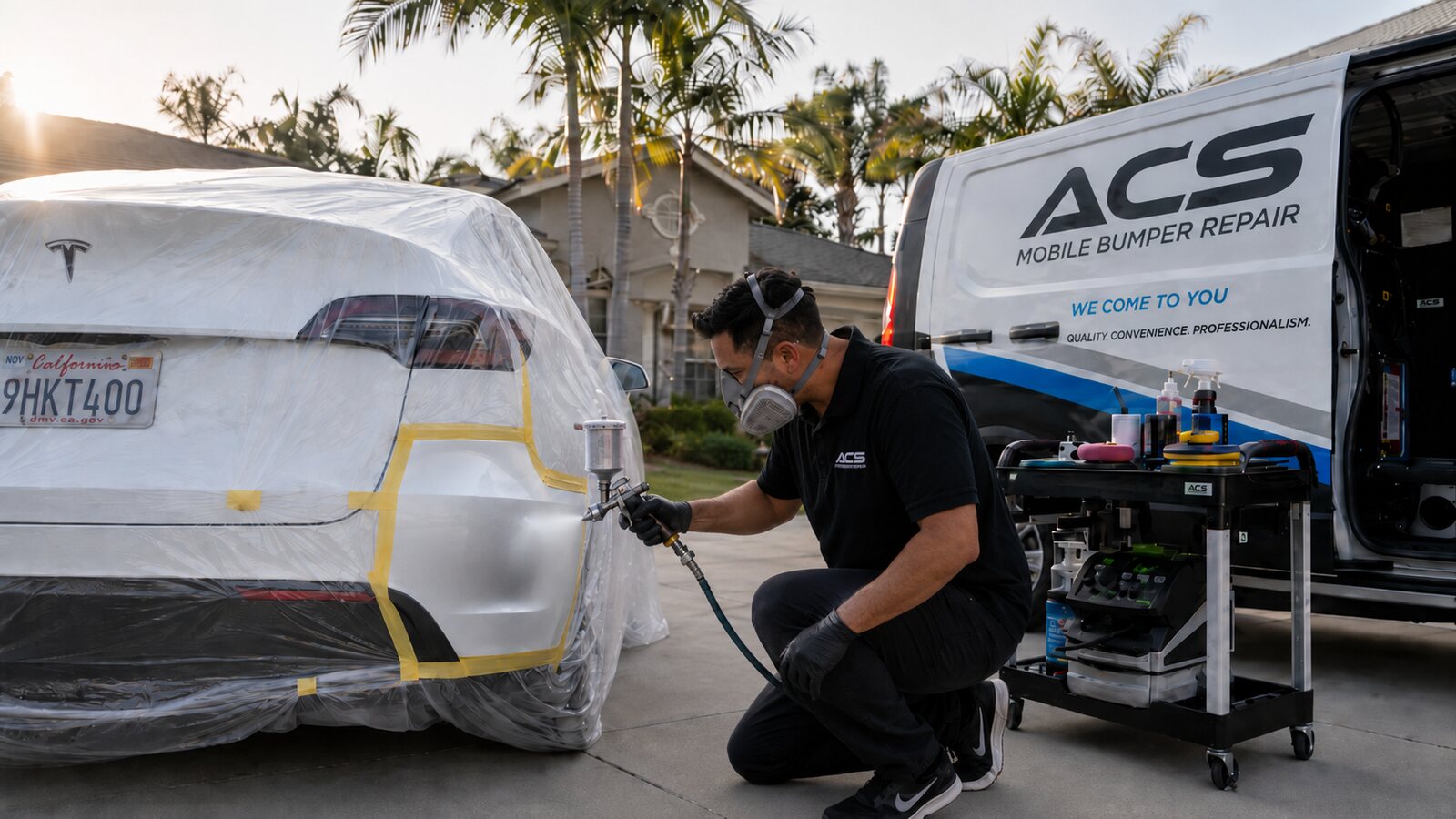 ACS technician spray-painting a masked-off white Tesla rear bumper with an exact PPG color match, the ACS we-come-to-you mobile van in the driveway in Orange County